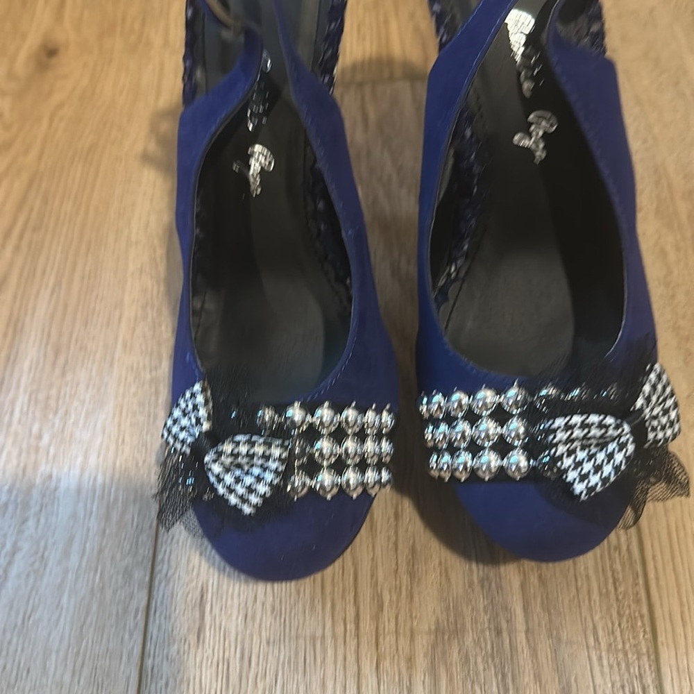 Bettie Page navy Blue Suede Platform Plaid Heels Sz9 - Picture 6 of 7